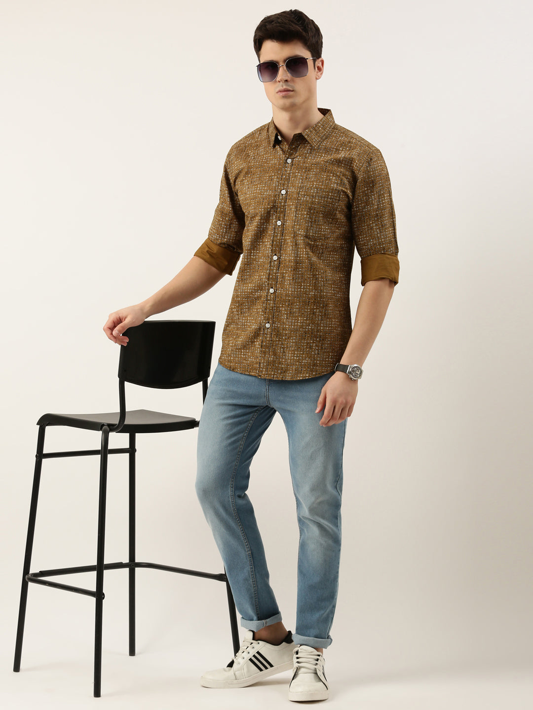 Men Brown Printed Pure Cotton Full Sleeve Casual Shirt