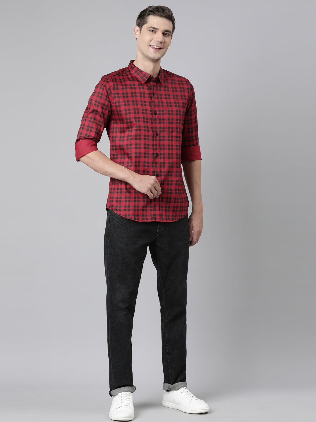 BROON Men Red And Black Checkered Pure Cotton Full Sleeve Shirt