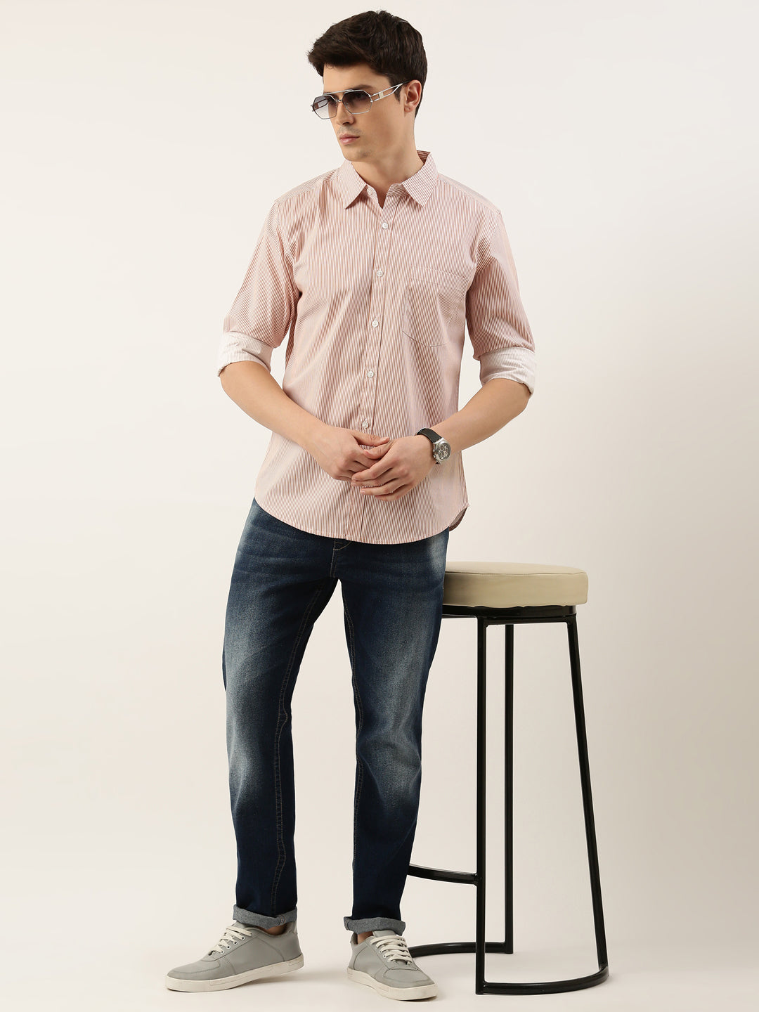 Men Rust Striped Pure Cotton Full Sleeve Casual Shirt