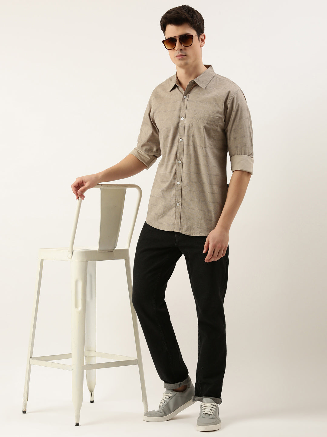 Men Beige Printed Pure Cotton Full Sleeve Casual Shirt