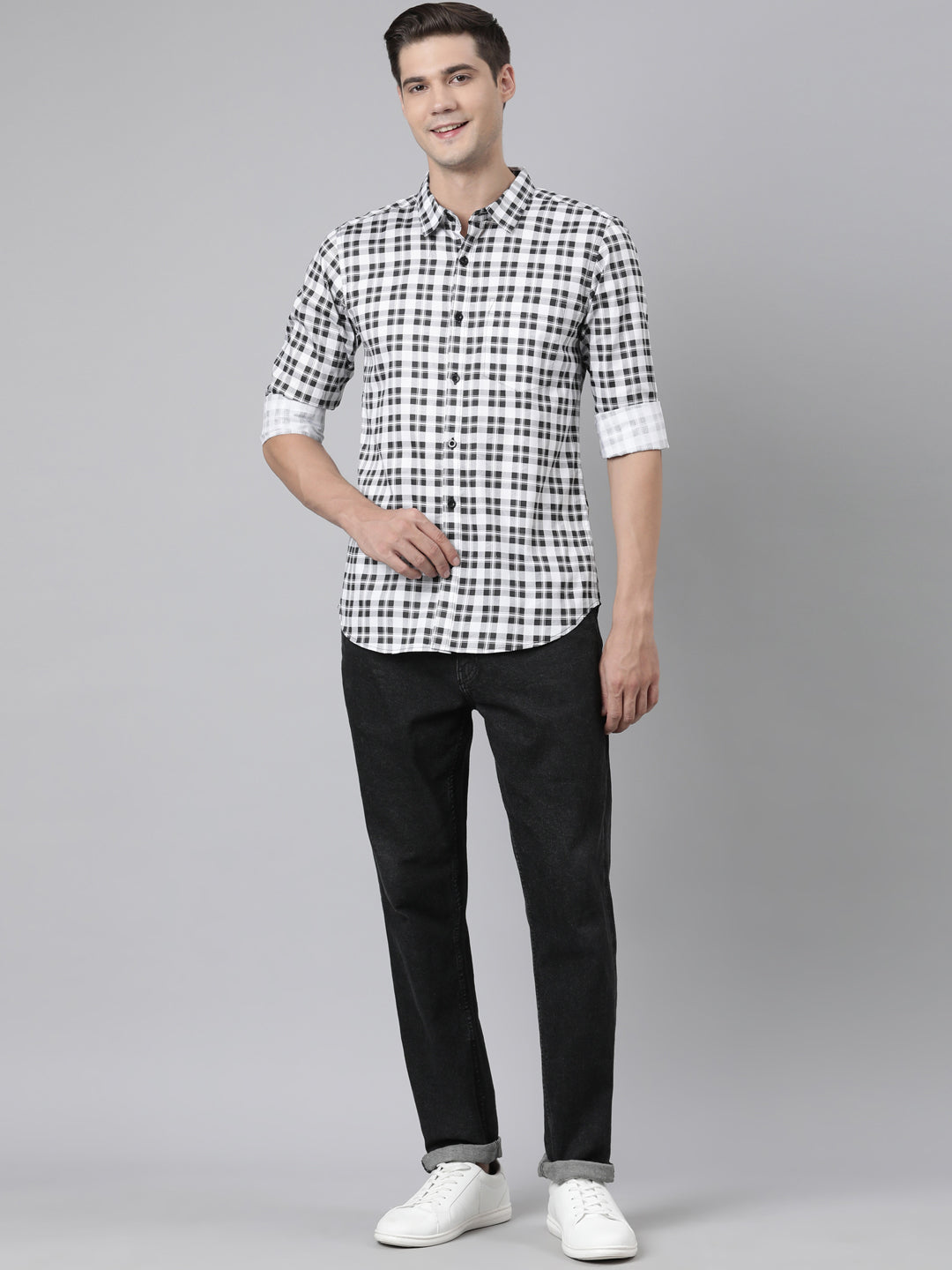 BROON Men White And Black Checkered Pure Cotton Full Sleeve Shirt