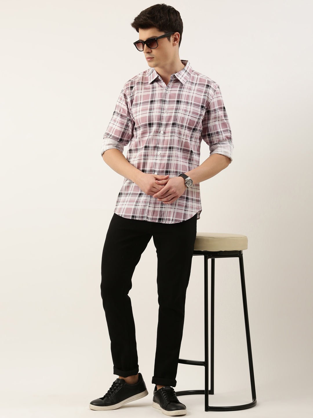 Men Dusty Pink Checked Pure Cotton Full Sleeve Casual Shirt