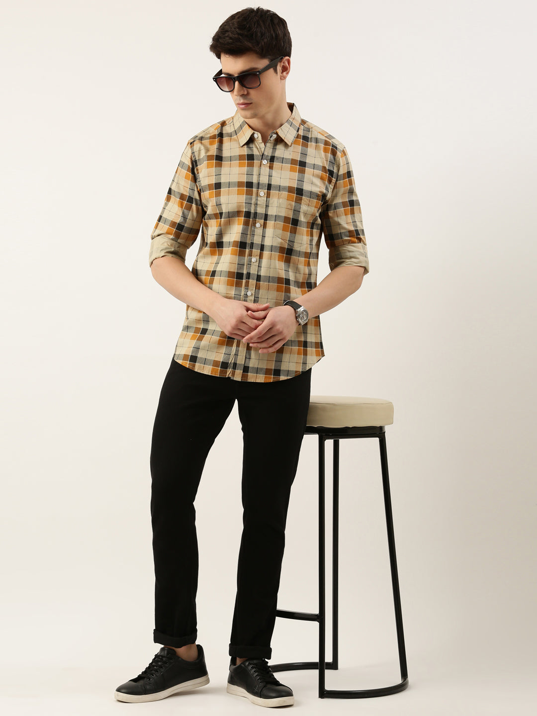 Men Beige Checked Pure Cotton Full Sleeve Casual Shirt