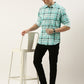Men Teal Green Checked Pure Cotton Full Sleeve Casual Shirt