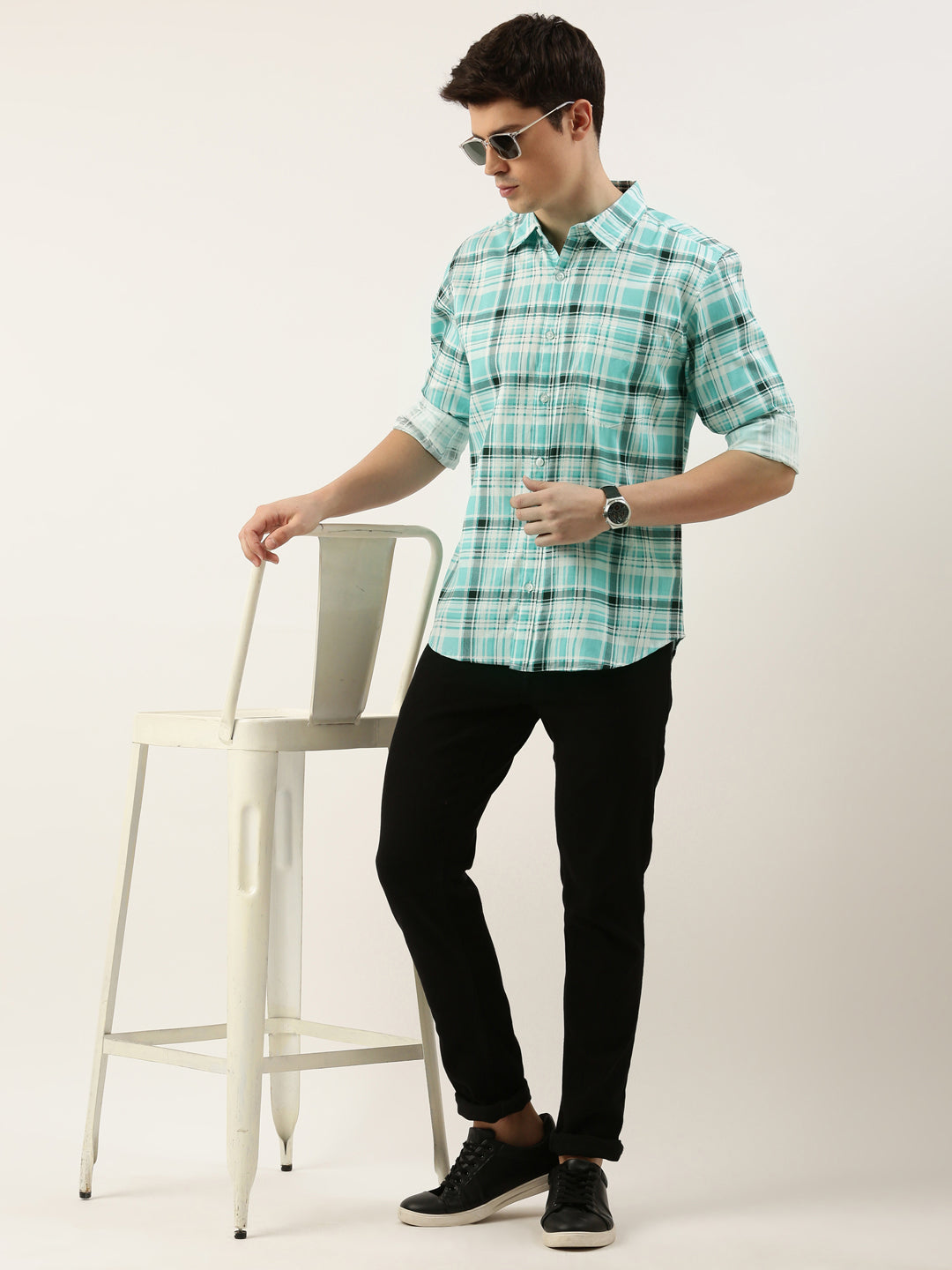 Men Teal Green Checked Pure Cotton Full Sleeve Casual Shirt