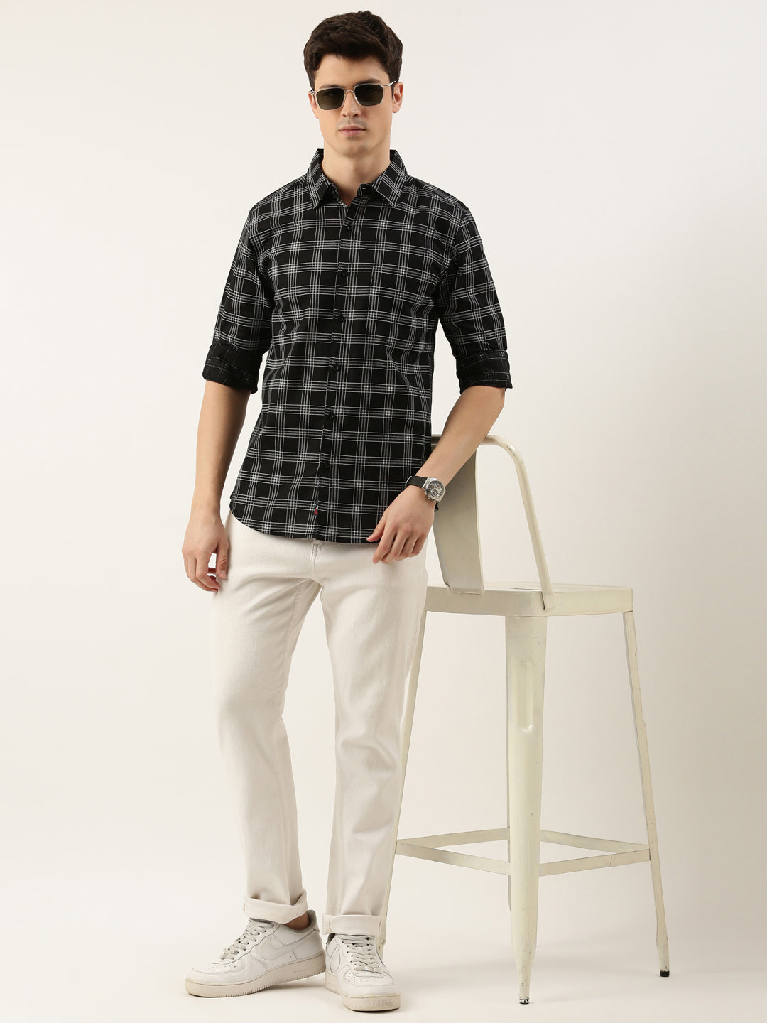 Men Black Checked Pure Cotton Full Sleeve Casual Shirt