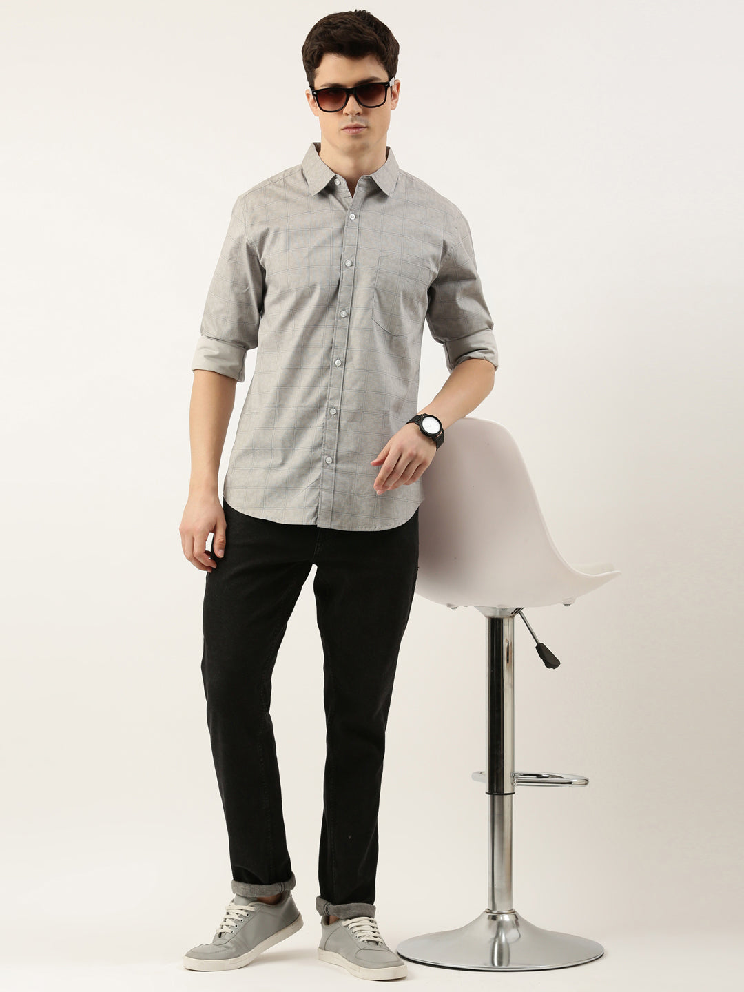Men Grey Printed Pure Cotton Full Sleeve Casual Shirt