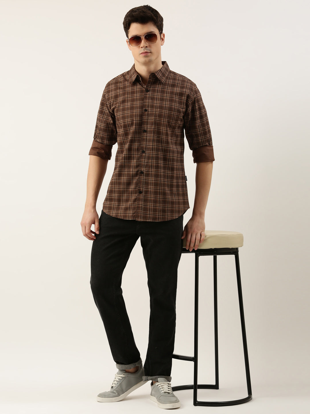 Men Brown Checked Pure Cotton Full Sleeve Casual Shirt