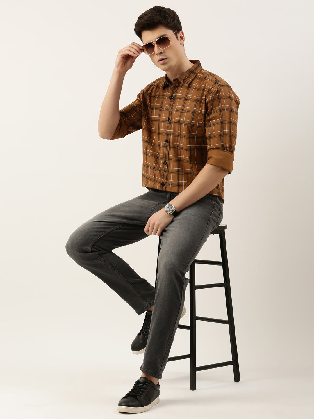 Men Mustard Checked Pure Cotton Full Sleeve Casual Shirt