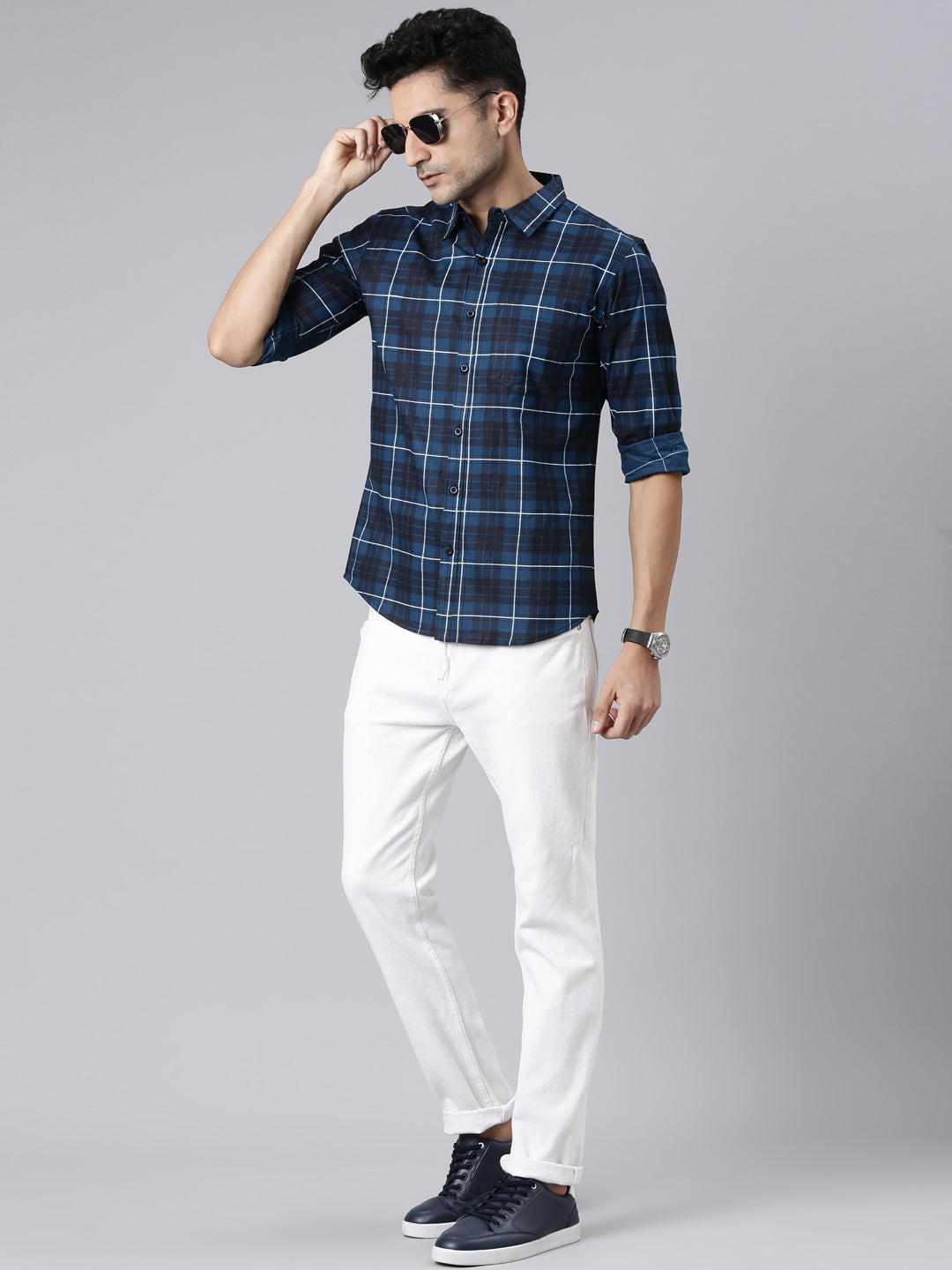 Men Navy Blue Printed Pure Cotton Full Sleeve Casual Shirt