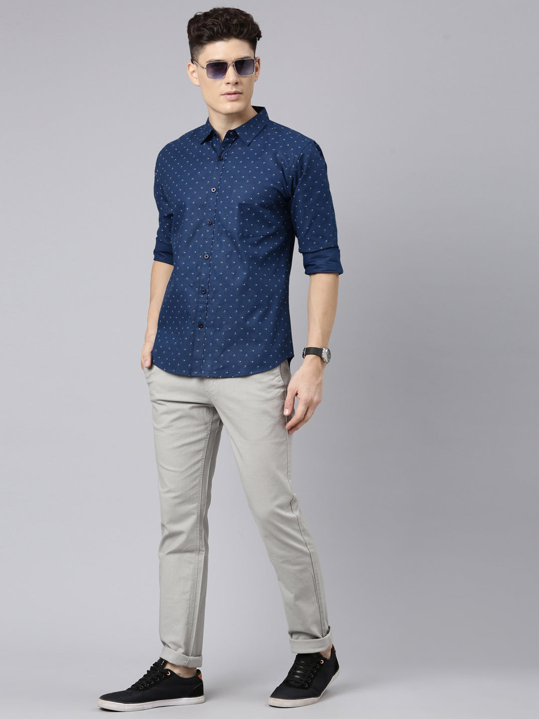 Men Dark Blue Printed Pure Cotton Full Sleeve Casual Shirt