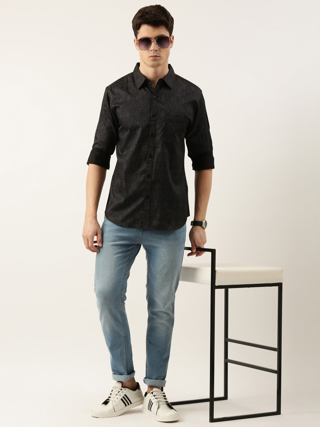 Men Black Printed Pure Cotton Full Sleeve Casual Shirt