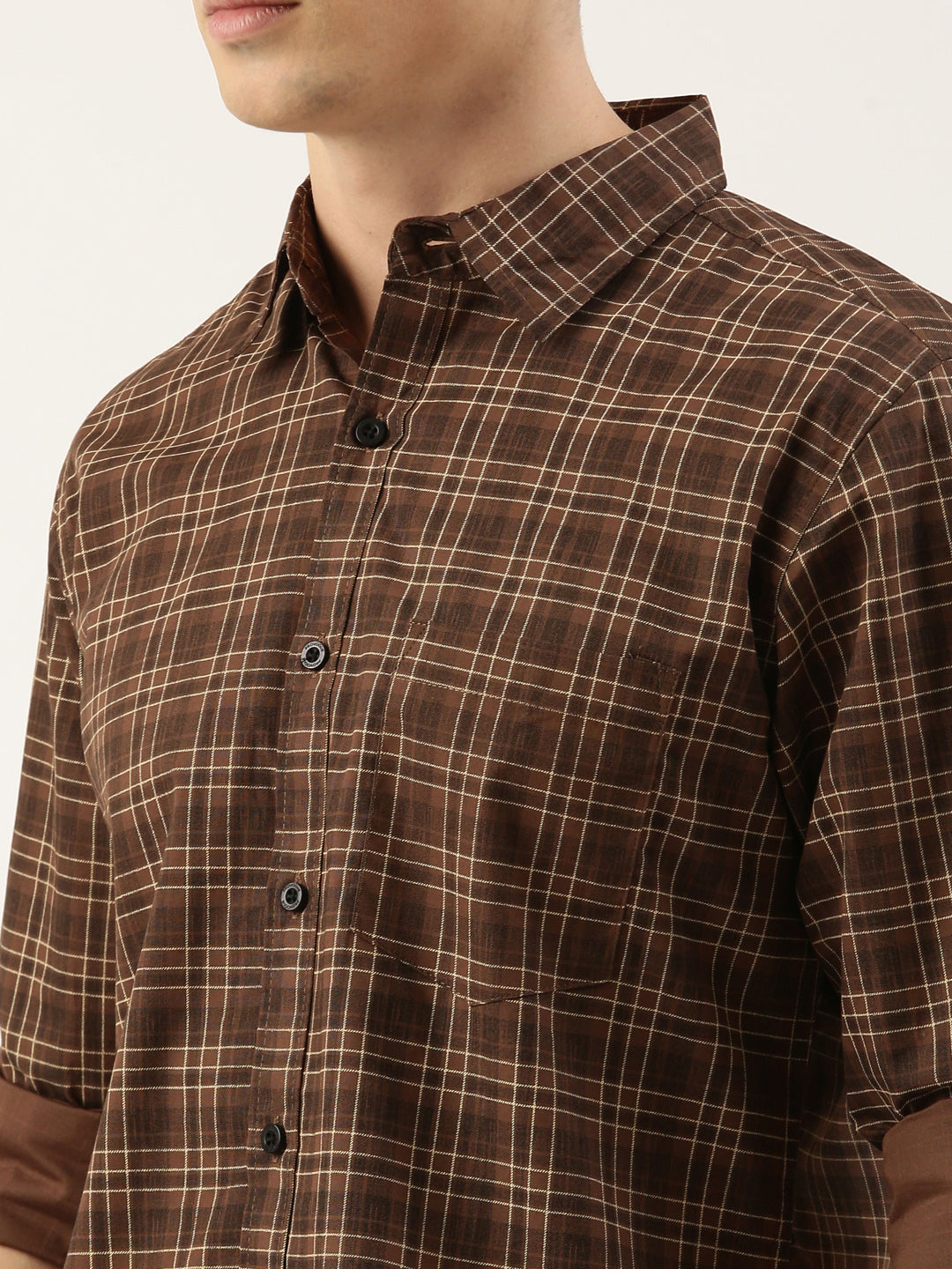 Men Brown Checked Pure Cotton Full Sleeve Casual Shirt