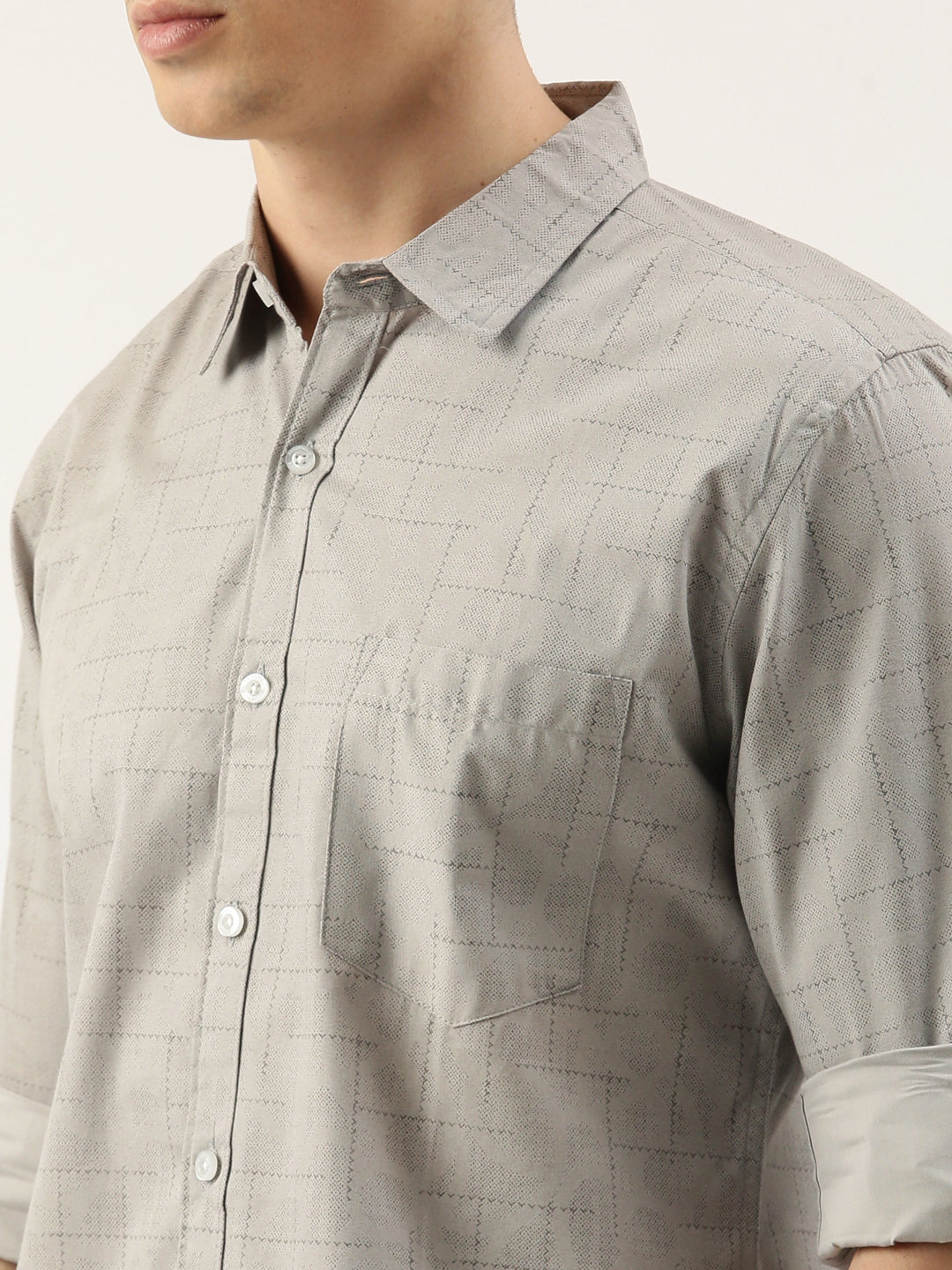 Men Grey Printed Pure Cotton Full Sleeve Casual Shirt