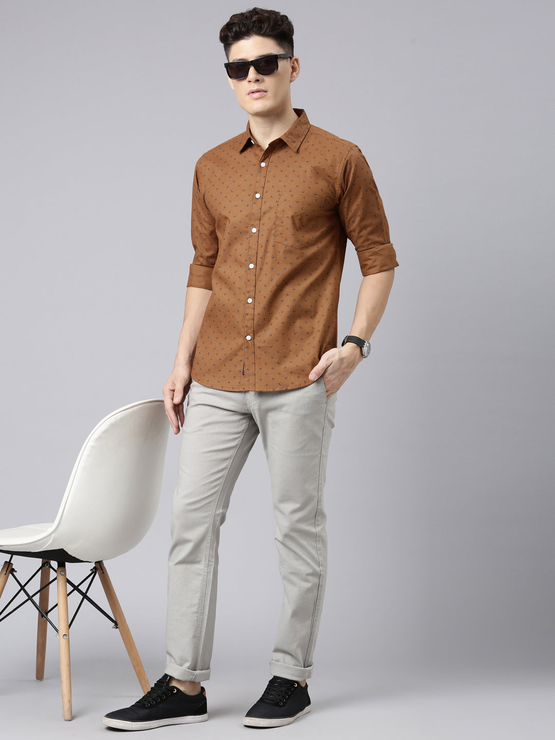 Men Brown Printed Pure Cotton Full Sleeve Casual Shirt