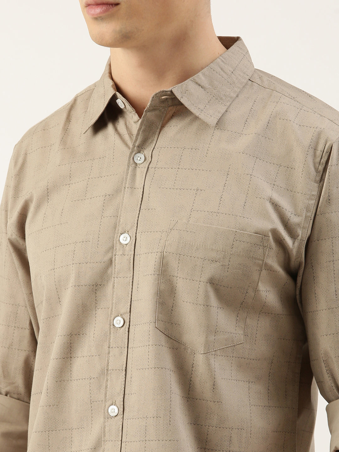 Men Beige Printed Pure Cotton Full Sleeve Casual Shirt