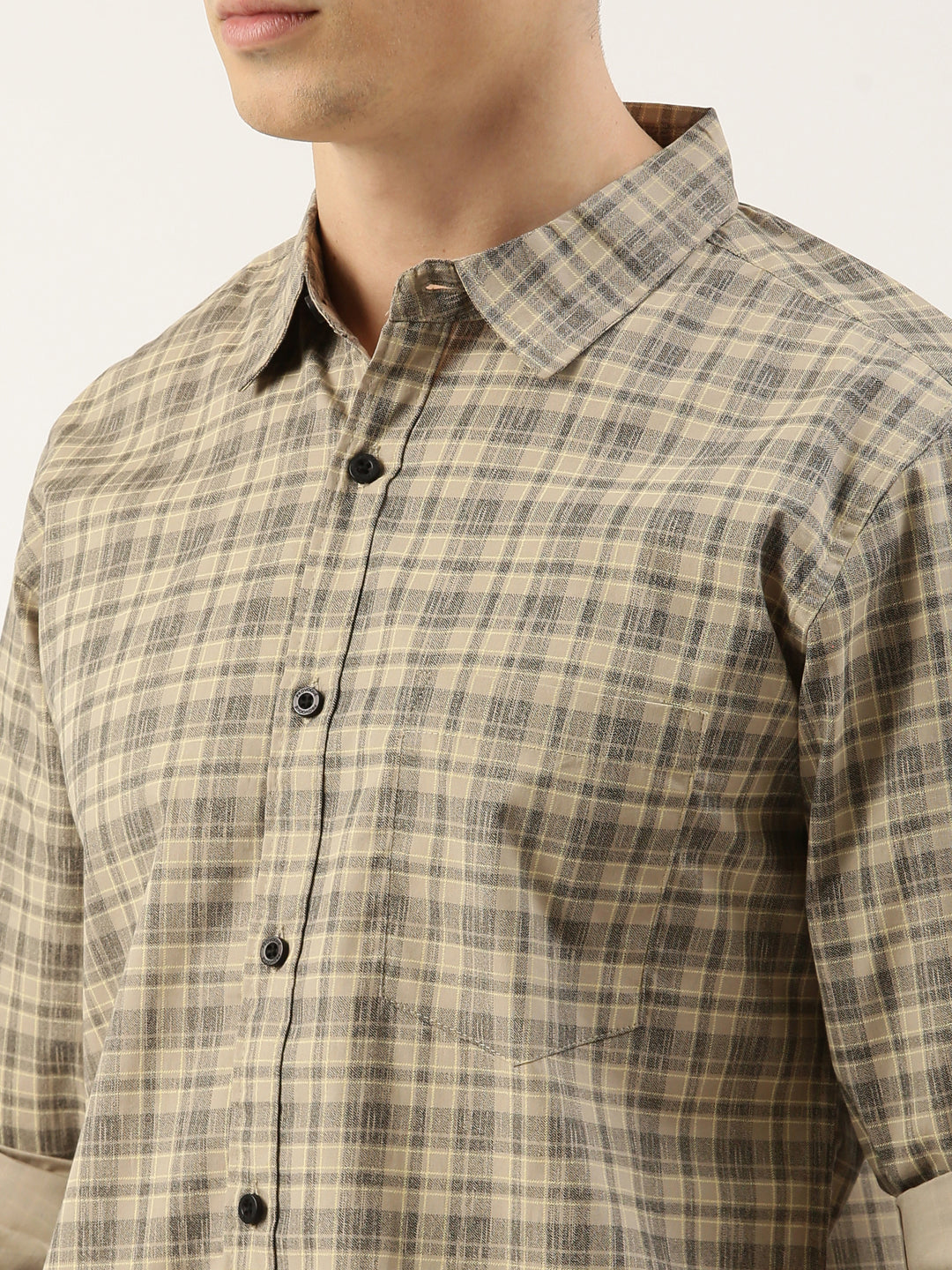 Men Beige Checked Pure Cotton Full Sleeve Casual Shirt