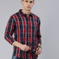 Men Navy Blue and Red Checked Cotton Blend Casual Full Sleeve Shirt