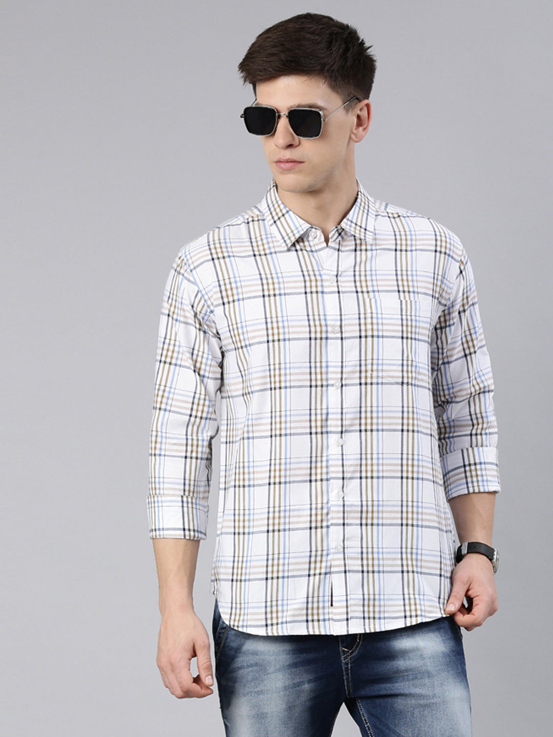 Men White Checked Cotton Blend Casual Full Sleeve Shirt