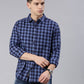 Men Navy Blue and Lavender Checked Cotton Blend Casual Full Sleeve Shirt