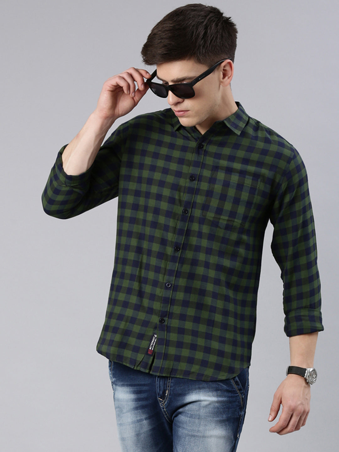 Men Olive Green and Navy Blue Checked Cotton Blend Casual Full Sleeve Shirt