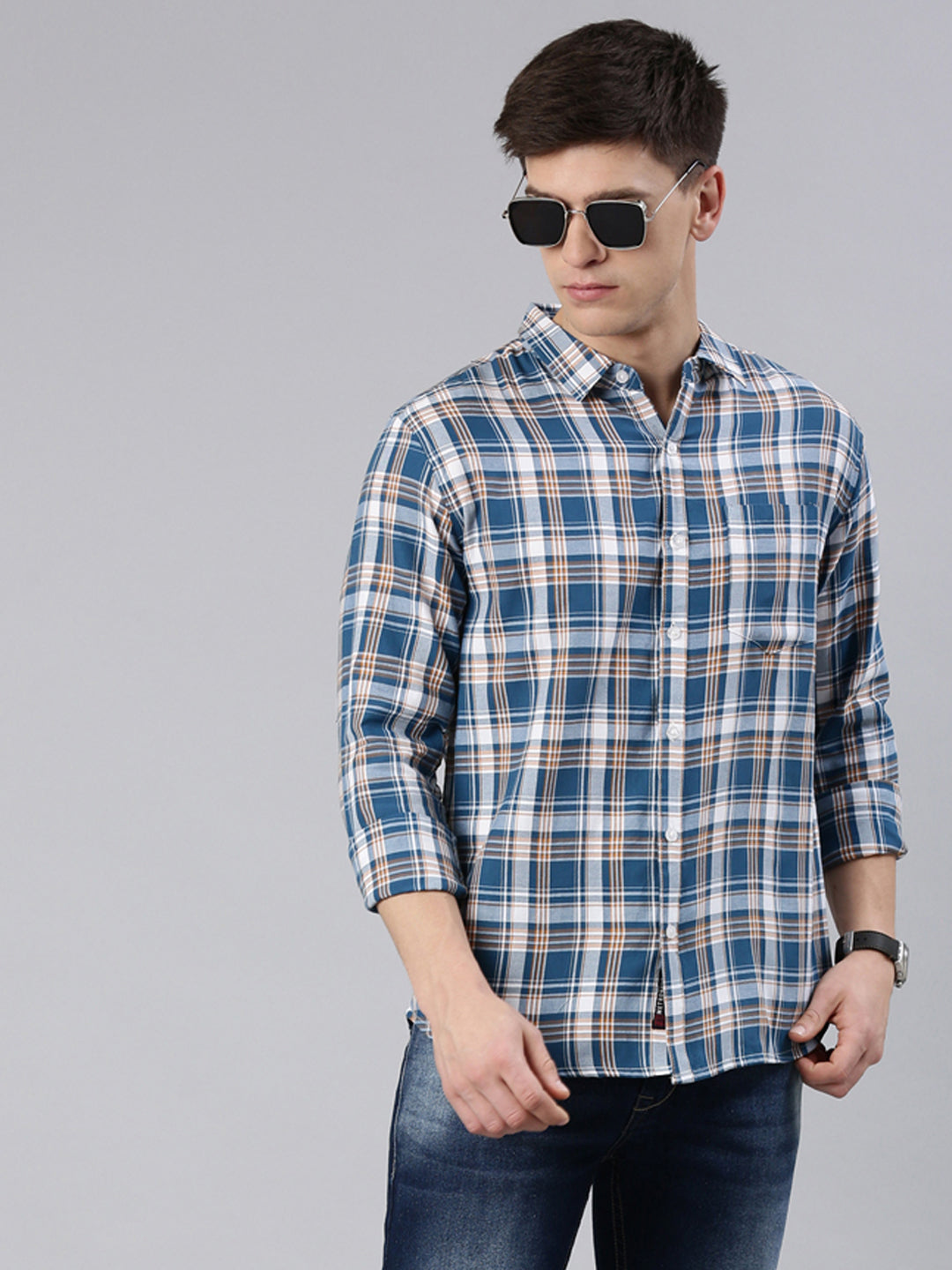 Men Blue Checked Cotton Blend Casual Full Sleeve Shirt