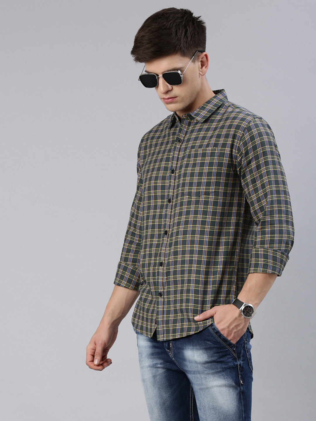 Men Green and Yellow Checked Cotton Blend Casual Full Sleeve Shirt