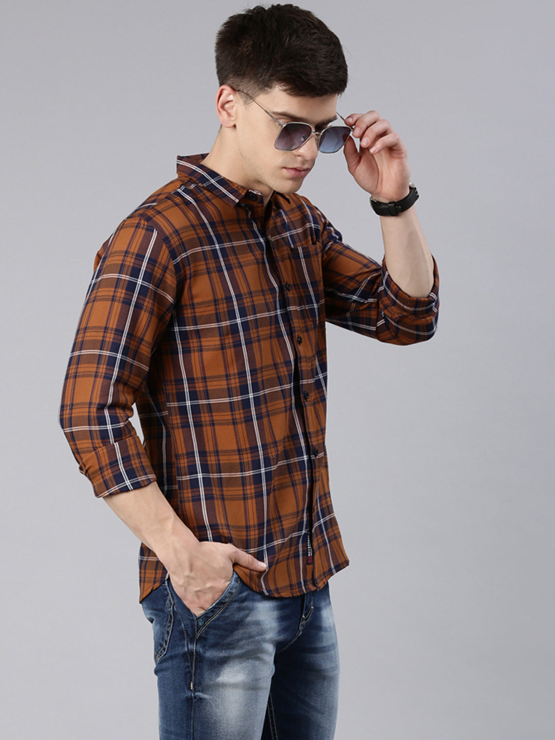 Men Brown Checked Cotton Blend Casual Full Sleeve Shirt
