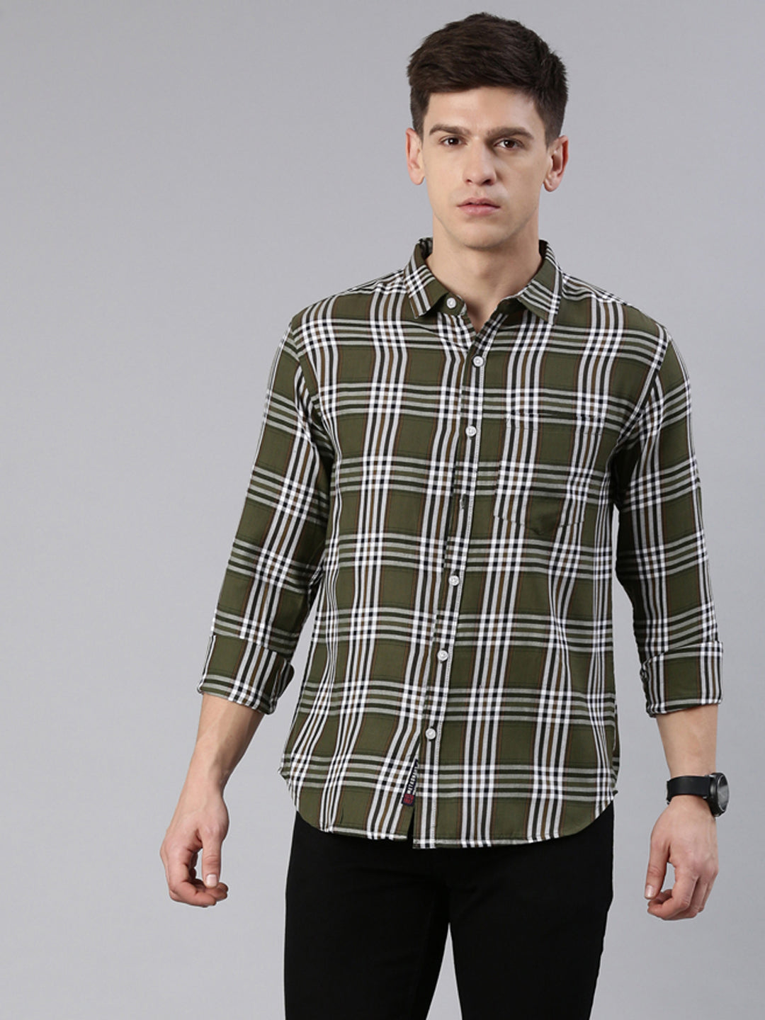 Men Green and White Checked Cotton Blend Casual Full Sleeve Shirt