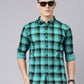 Men Teal Green And Black Checkered Pure Cotton Full Sleeve Casual Shirt