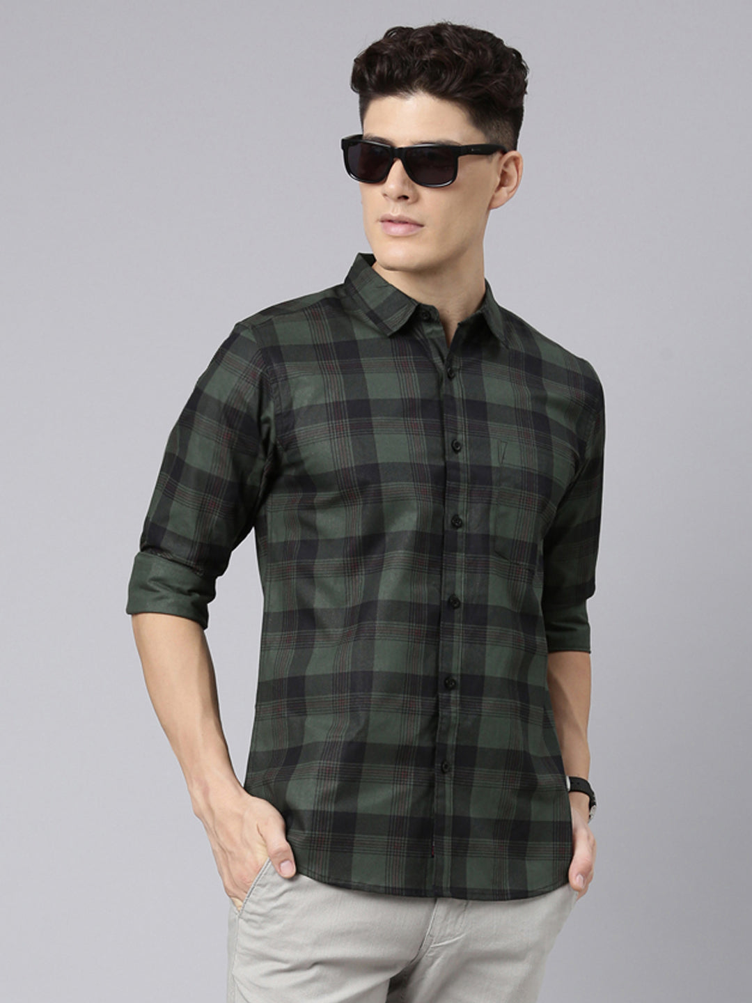 Men Olive And Black Checkered Pure Cotton Full Sleeve Casual Shirt