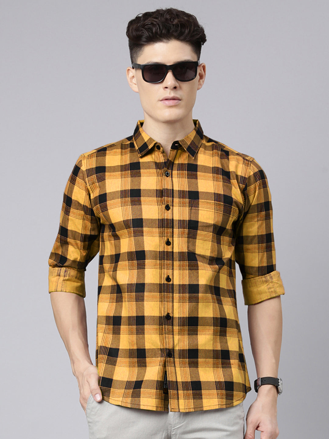 Men Mustard And Black Checkered Pure Cotton Full Sleeve Casual Shirt