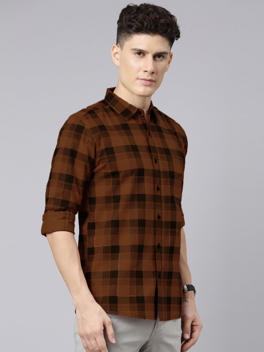 Men Brown And Black Checkered Pure Cotton Full Sleeve Casual Shirt