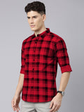Men Red And Black Checkered Pure Cotton Full Sleeve Casual Shirt