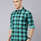 Men Teal Green And Black Checkered Pure Cotton Full Sleeve Casual Shirt