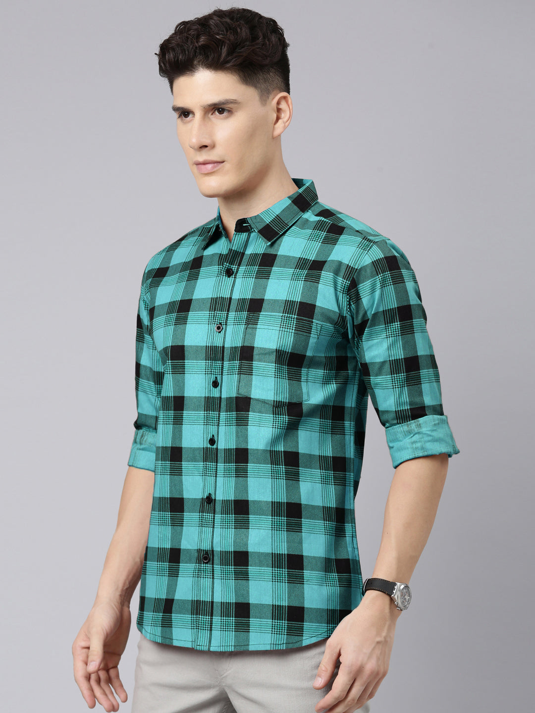 Men Teal Green And Black Checkered Pure Cotton Full Sleeve Casual Shirt