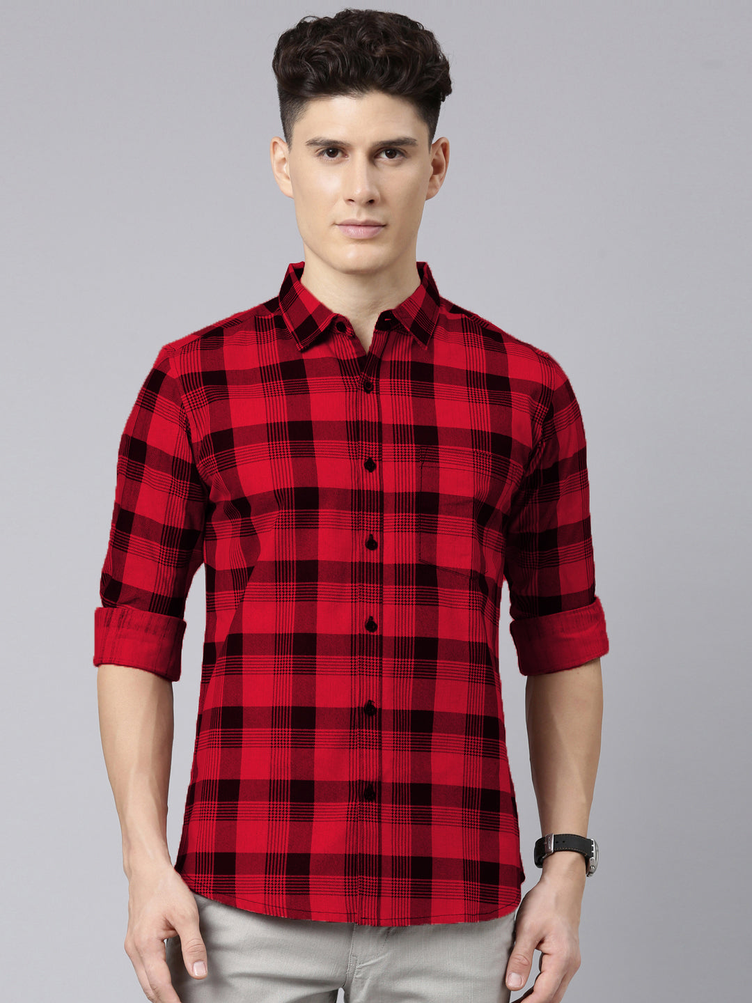 Men Red And Black Checkered Pure Cotton Full Sleeve Casual Shirt