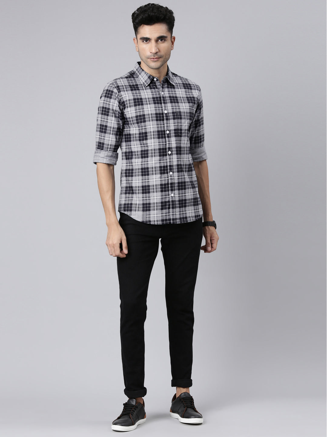 Men Grey Printed Pure Cotton Full Sleeve Casual Shirt