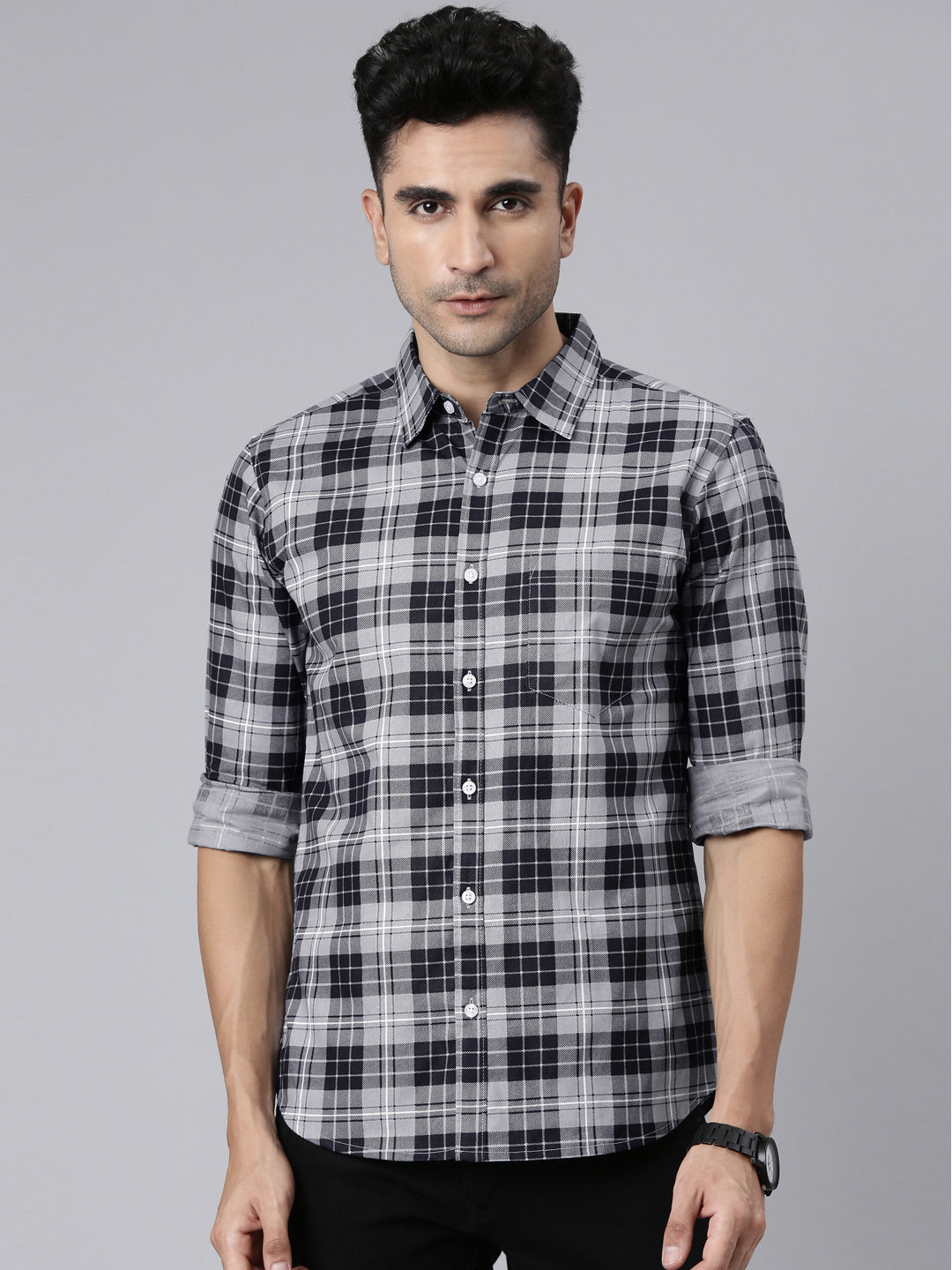 Men Grey Printed Pure Cotton Full Sleeve Casual Shirt