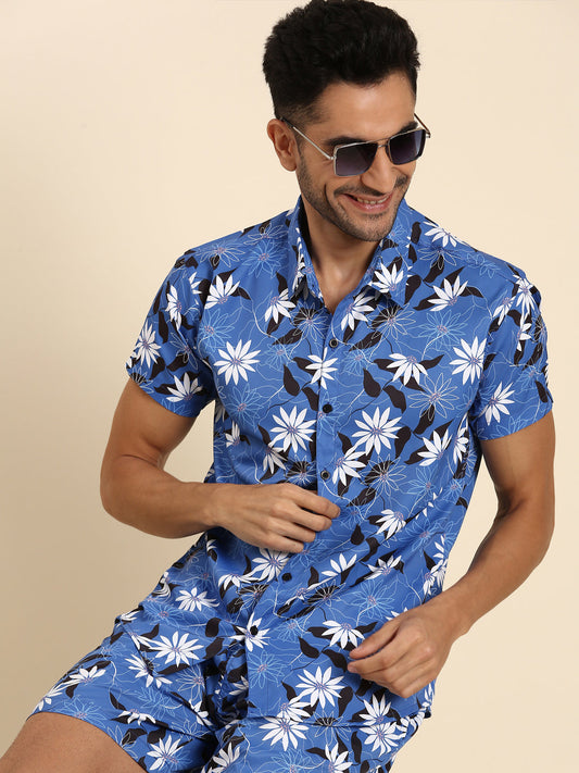 Joven Men's Dark Blue Printed Co-Ords Set