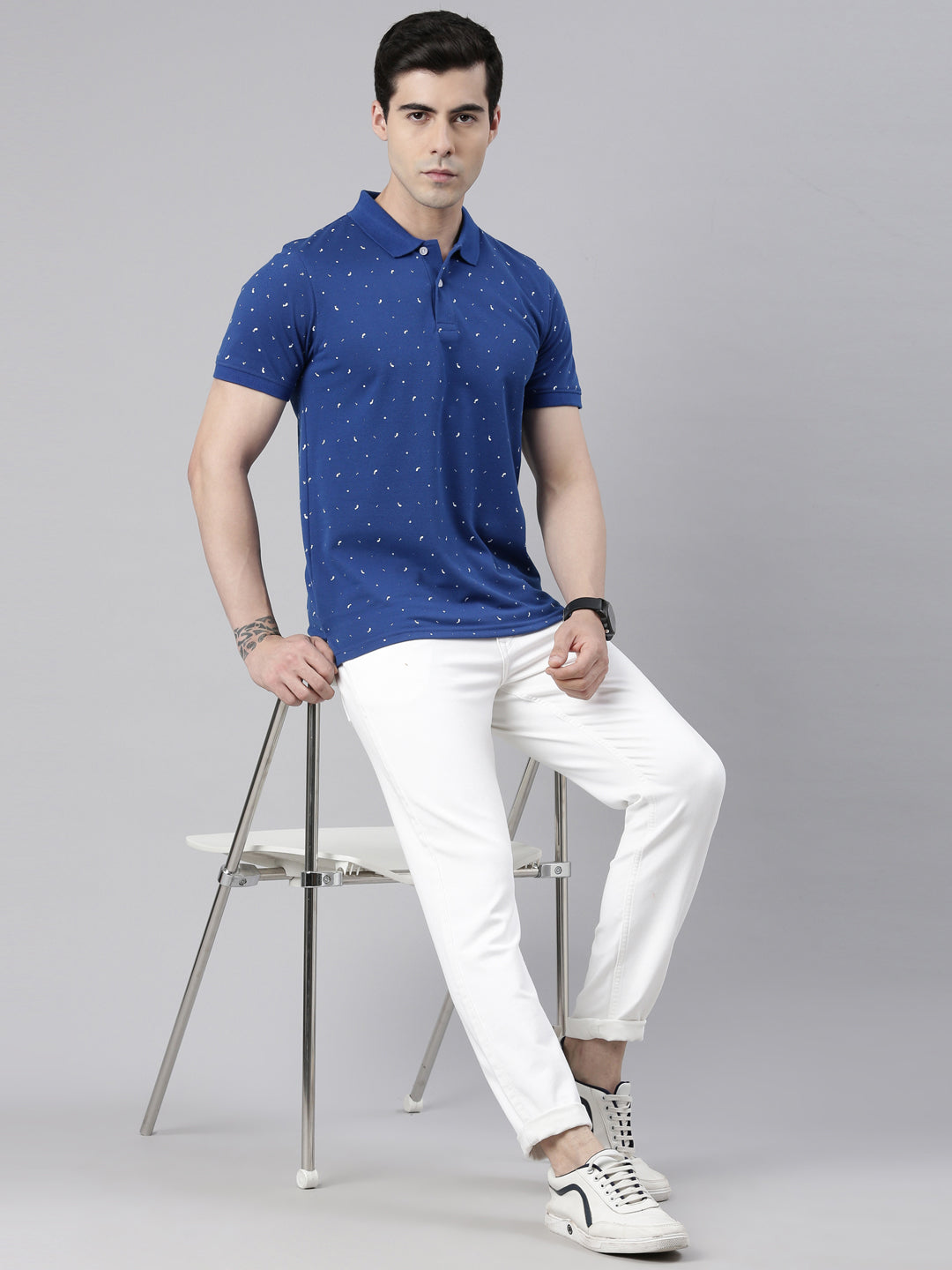 Men's Royal Blue Printed Polo Collar T-Shirt