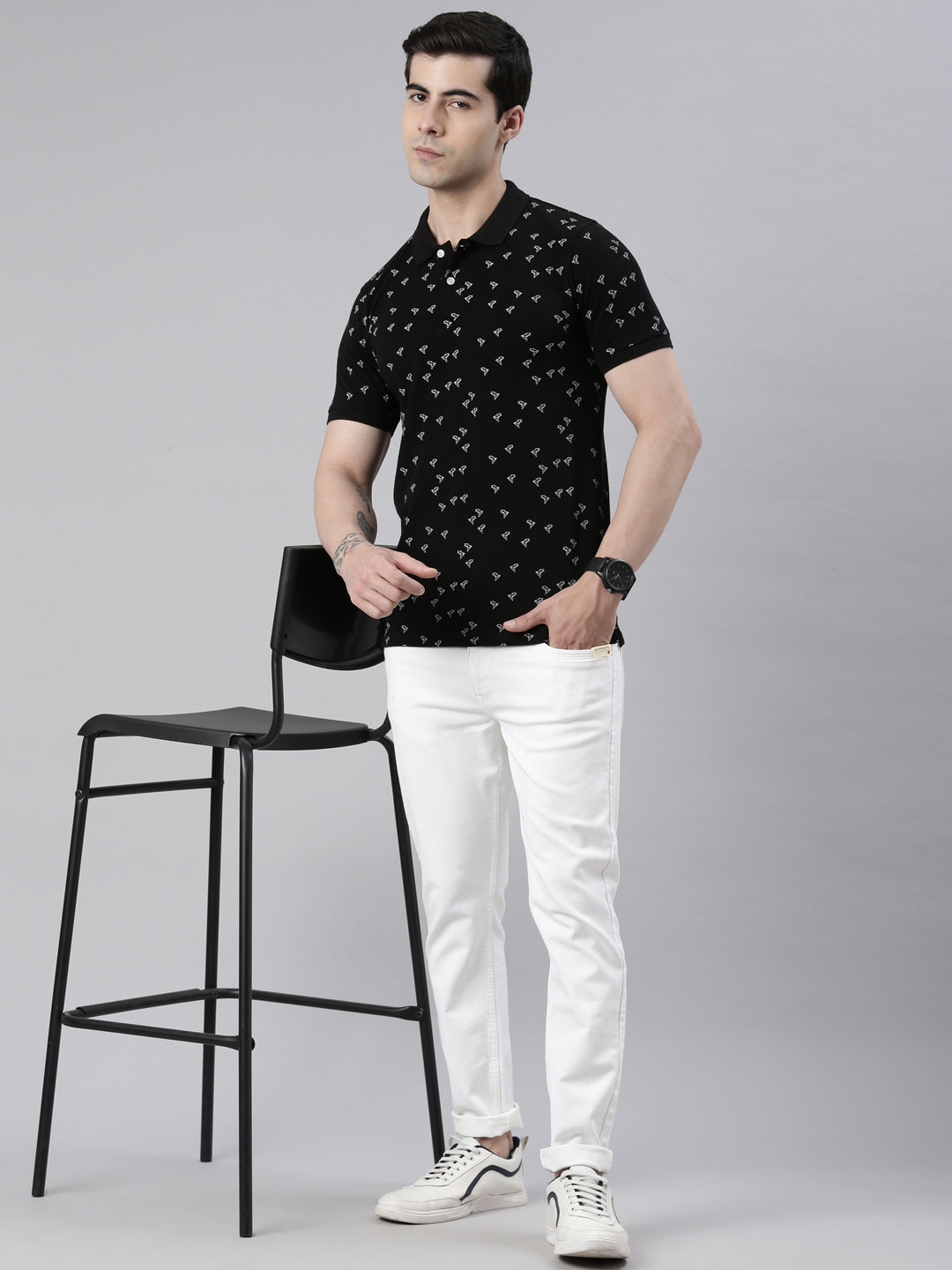 Men's Black Printed Polo Collar T-Shirt