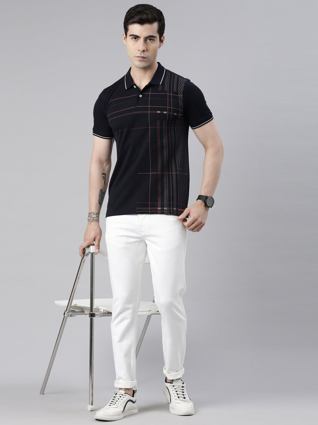 Men's Navy Blue Printed Polo Collar T-Shirt