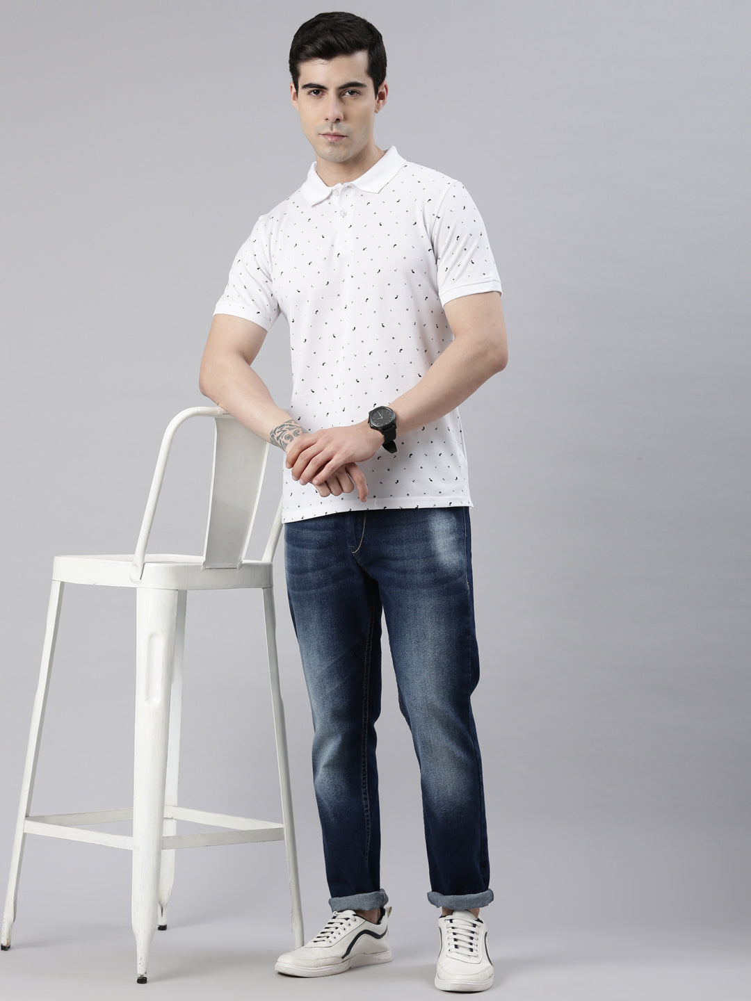 Men's White Printed Polo Collar T-Shirt