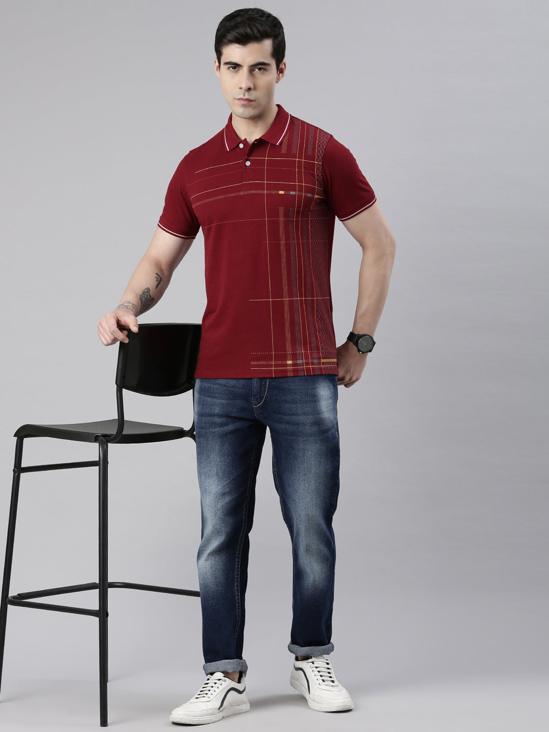 Men's Maroon Printed Polo Collar T-Shirt