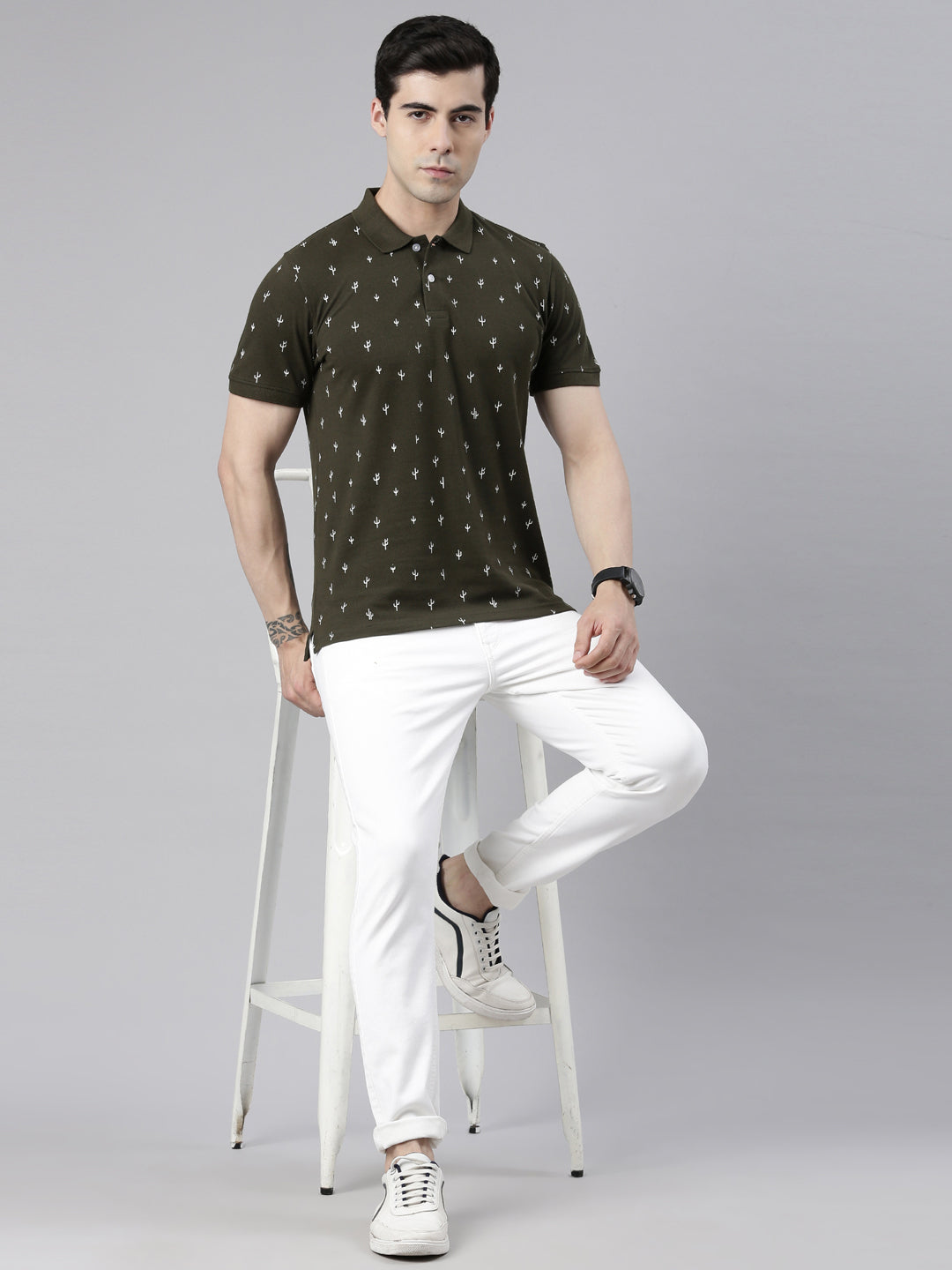 Men's Olive Printed Polo Collar T-Shirt