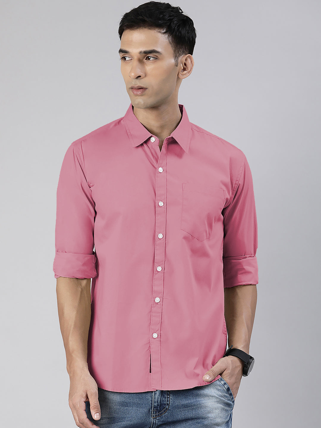 Men's Pink Solid Full Sleeve Slim Fit Casual Shirt