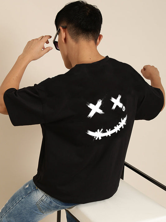 JOVEN Men Black Printed Pure Cotton Oversize Tshirt