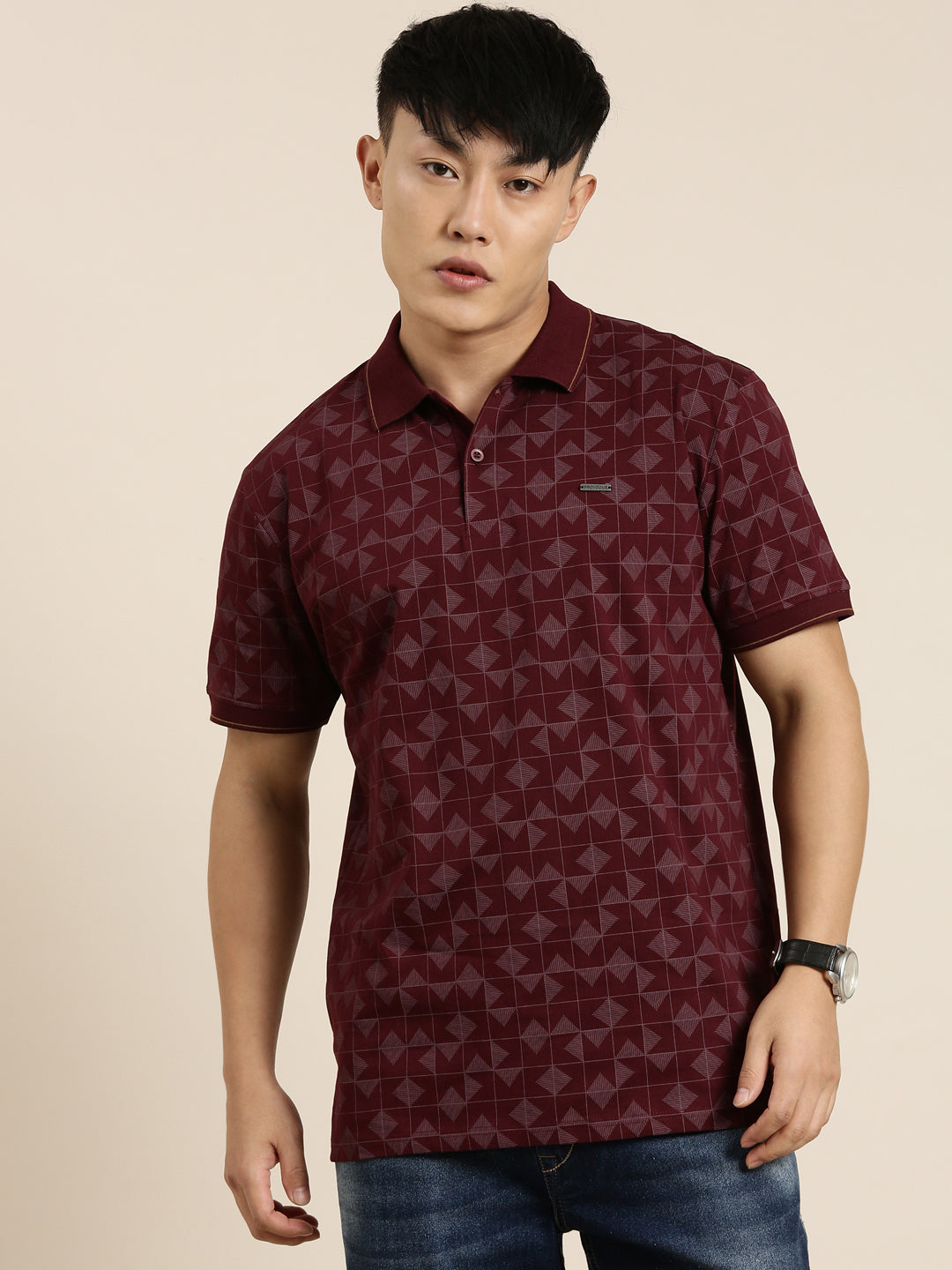 Mercerised Cotton Polo Collar Printed Tshirt in Wine