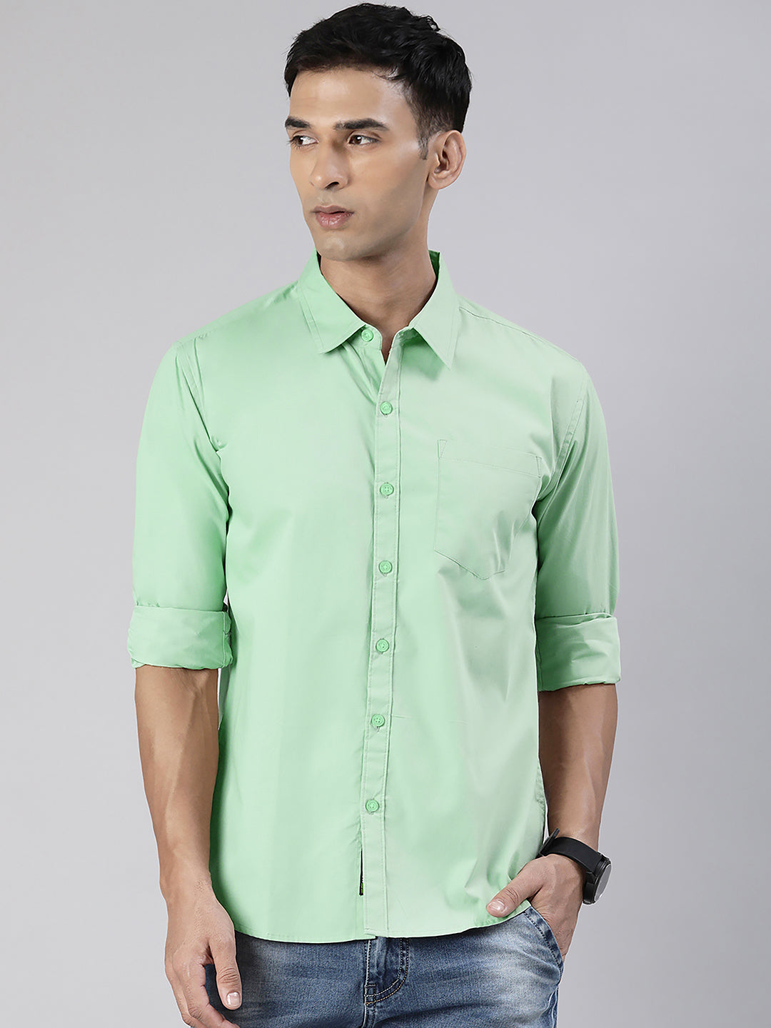 Men's Light Green Solid Full Sleeve Slim Fit Casual Shirt
